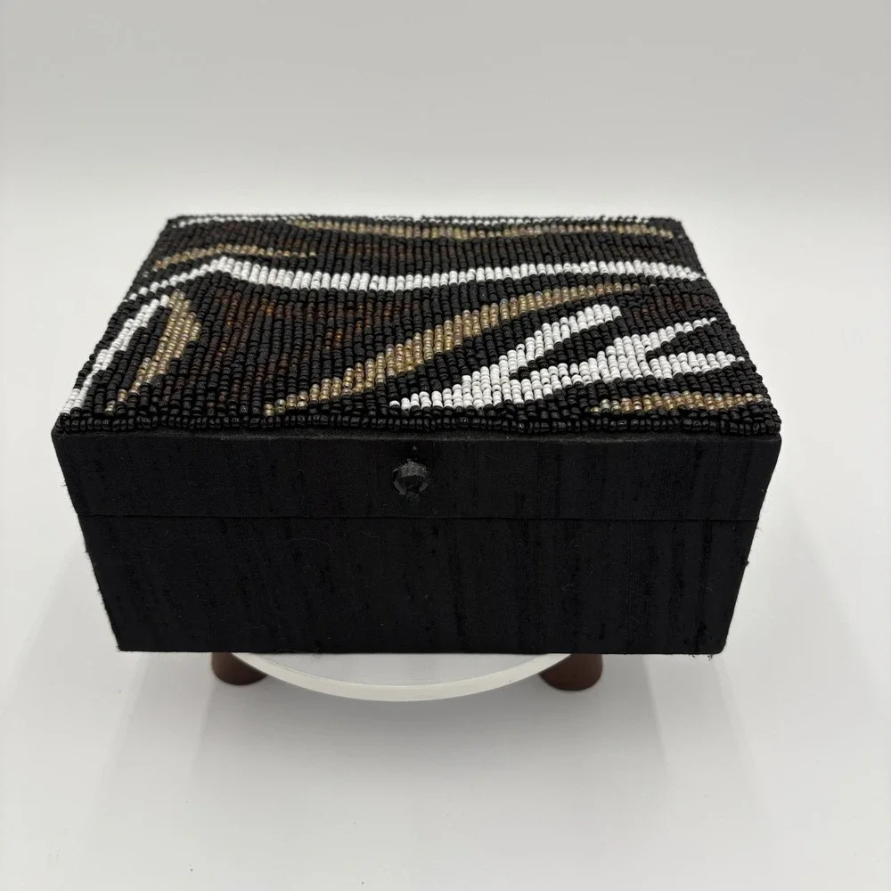 Vintage Handmade In India Black Beaded Jewelry Box 7